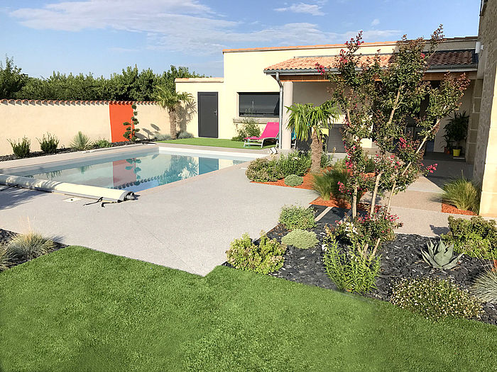Aménagement paysager, plage de piscine en résimarbre